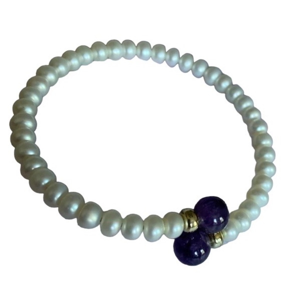 Amethyst Stone & Pearl Beaded Wrapped Wire Bracelet Woman’s Bracelet Jewelry - Picture 1 of 8